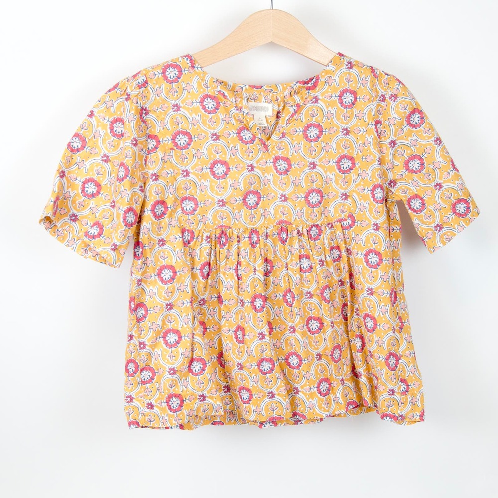 Gymboree Boho Floral Print Short Sleeve Blouse Mustard Yellow Pink Girls‎ 5-6